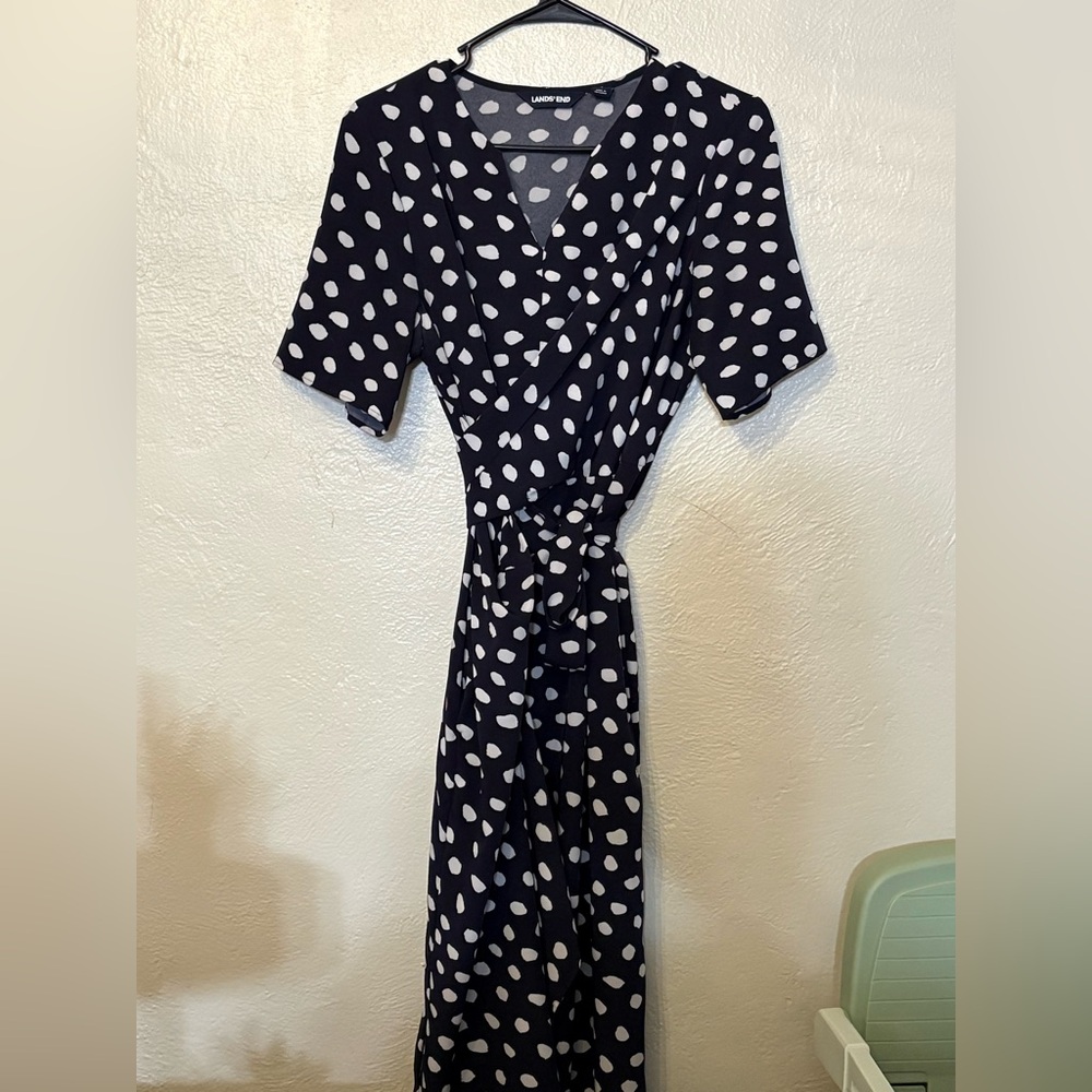 Chase Bank Lands' End Navy and White Dot Midi Wrap Around Dress